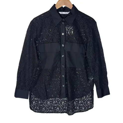 ZARA NWT  Women’s Oversized Black Lace Pocket Front High-low Blouse