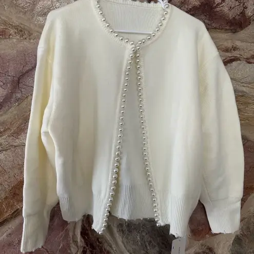 Commense Pearl Trim Ripped Hem Cardigan size large White