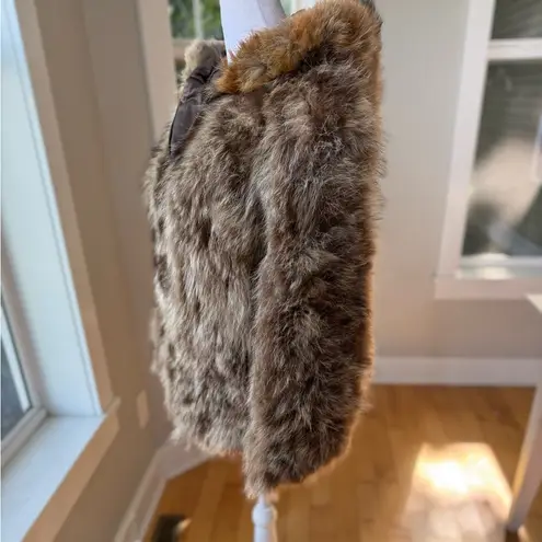 Vintage Genuine Fox Raccoon Fur Hooded Cropped Jacket Dress Coat Small Medium Brown