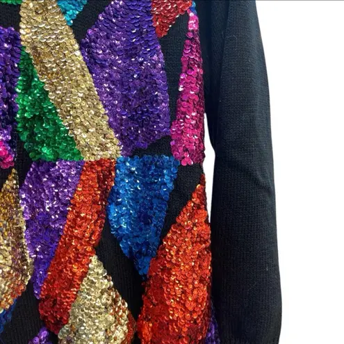 Colorful Sequin Geometric Sweater Wide Neck Colorblock 80s Large Tunic Sparkle Black