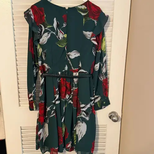 Eshakti Green Floral Fit & Flare Dress Ruffle Faux Leather Belt 1X Dark Romantic