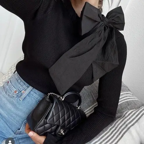 Chicwish Black Bow Long Sleeve Ribbed Knit Fitted Top Size M