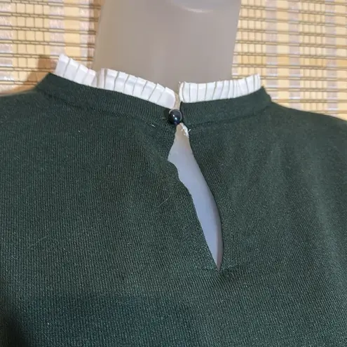 Vila Milano Dark Forest Green Sweater With White Faux Shirt Collar Cuffs Medium
