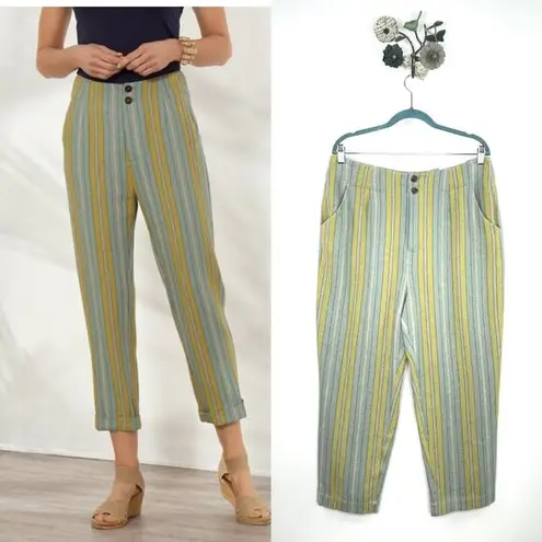 Soft Surroundings Caldera Linen Blend Pants High Waisted Aqua Stripe Size 14