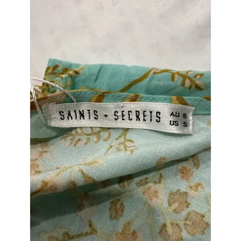 Saints + Secrets Wrap Dress Women's Size S Short Sleeve Floral Print Mini Blue