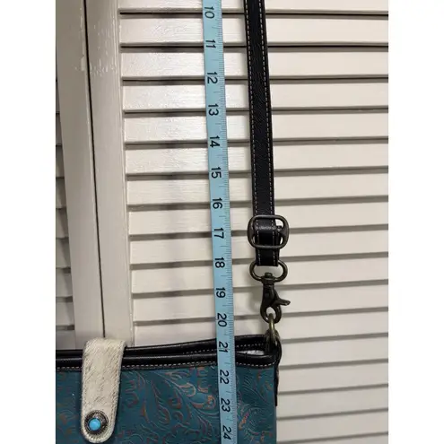 Myra Hair On Black/White Leather Turquoise/Rose Gold Hand Tooled Shoulder Bag Black