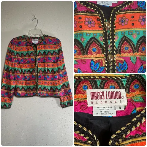 Maggy London Vintage Blouses Art to Wear Multicolor Silk Blazer Blouse Top sz 4