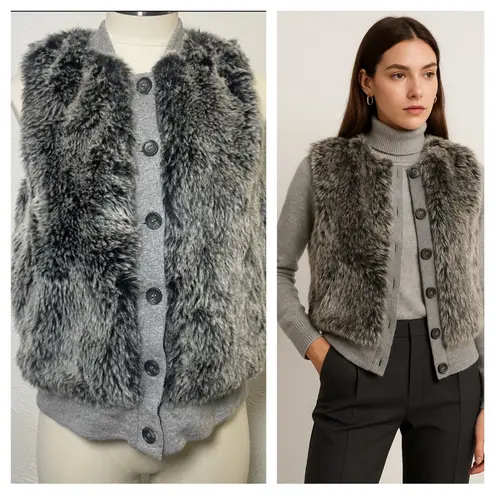 Three Dots Gray Faux Fur Vest Size S | Button Front Sweatshirt Trim Layering