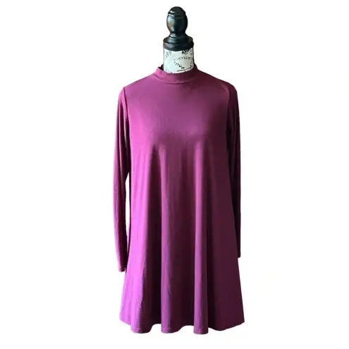 AQUA Purple Mock Neck Long Sleeve Ribbed A-Line Swing Mini Dress Small Boho