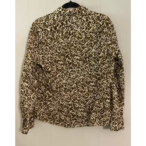 Jones New York Sport Animal Print Long Sleeve Button Up Roll Tab Blouse XL Brown