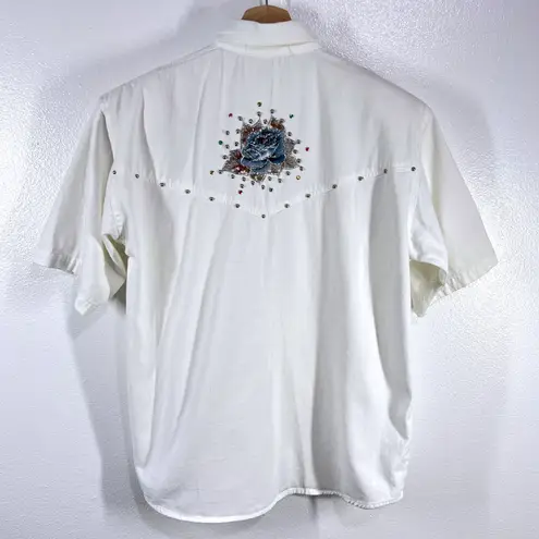 Vtg. S. Claassen Embellished Western Shirt Floral Rhinestone Studs Short Sleeve White Size M