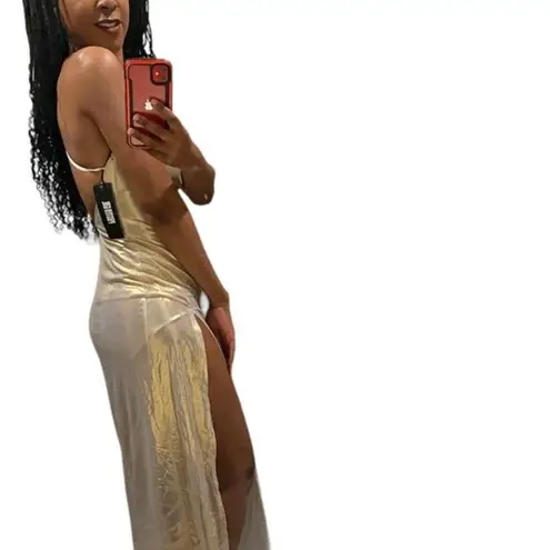 Dolls Kill  Poster Girl gold iridescent cowlneck spaghetti strap formal gown