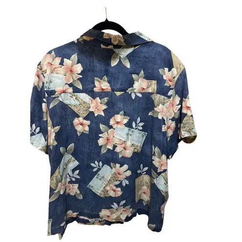 Caribbean Joe  Blue Pink Hawaiian Floral Print Button Down Shirt Sz 2X