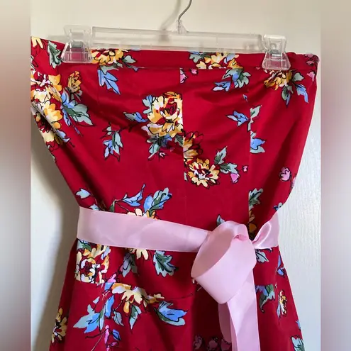 🌞Sheri Martin Red Floral Strapless Fit & Flare Dress Size 12
