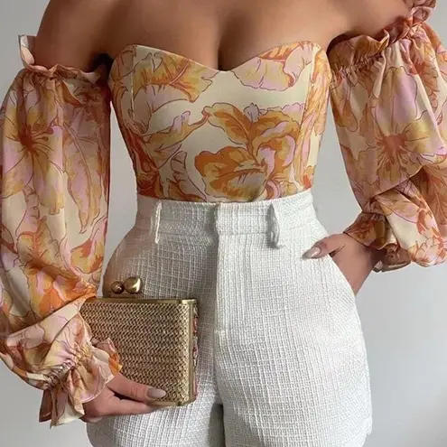 NEW RNWY The Label Long Balloon Sleeve Off The Shoulder Vishaka Bodysuit Sz L Orange Size L