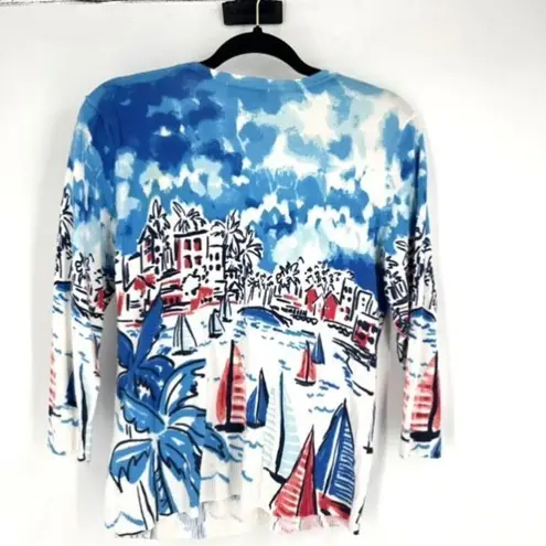 Christopher & Banks Christopher & Banks Women's Sailboat Beach Cardigan Sweater Blue Medium Coastal