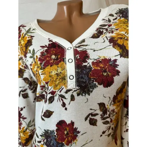 Floral Waffle Knit Henley Top M Soft Cozy Fall Colors Long Sleeve Tee White Size M