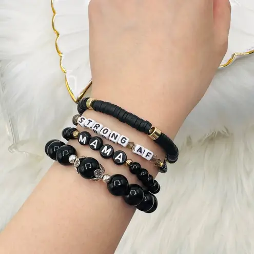 “Strong AF Mama” Arm Candy Beaded Bracelet Black