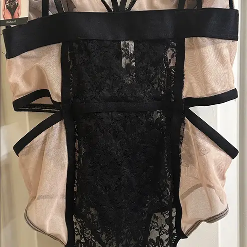 French affair Lace & Mesh Caged Body Suit NEW Black Tan Large