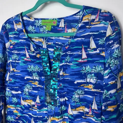 Island Republic Blue Long Sleeve Tunic Top Sail Boat Beach Ocean Glitter Size M Size M