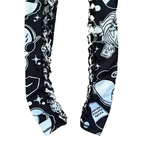 FUTURE FANTASY DELIGHT Slit Weave Graphic Leggings Streetwear Rave Festival Sz M Black Size M