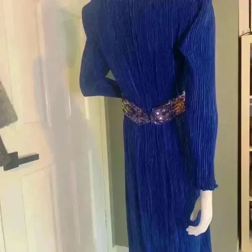 Nuit Vintage 80s Crepe Dress 10 Sequin Wasp Belt Blue Longsleeve Cocktail Formal