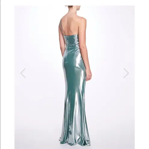 Marchesa Notte Jade Ruched Sleeveless Lame Gown Green Size 10