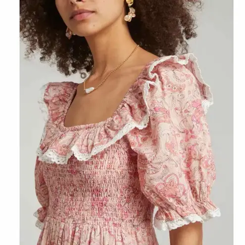 RIXO Joanie Pink Paisley Midi Light Floral Ruffle Dress Size Medium US 8 UK 12
