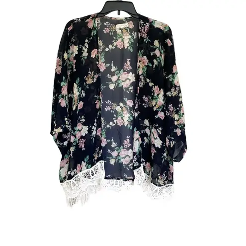 Rachel & Chloe Navy Blue White Floral Fringe Bohemian lace Kimono Size Large