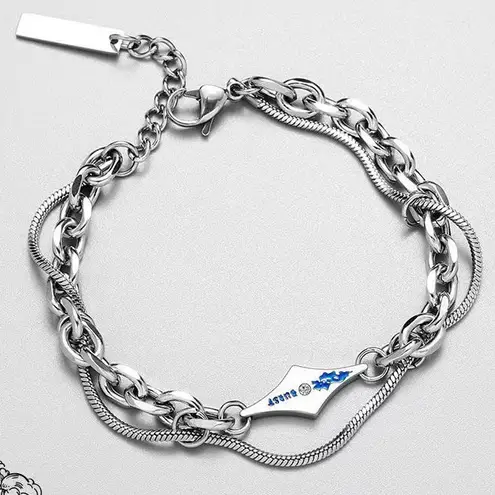 Double Layer Titanium Steel Link Chain Bracelet for Men Women,Punk Hip Hop Silver