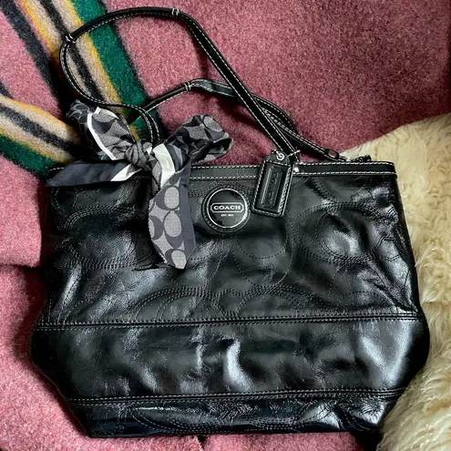 Coach Signature Stitched Patent Tote F15142 black tote scarf included monogram