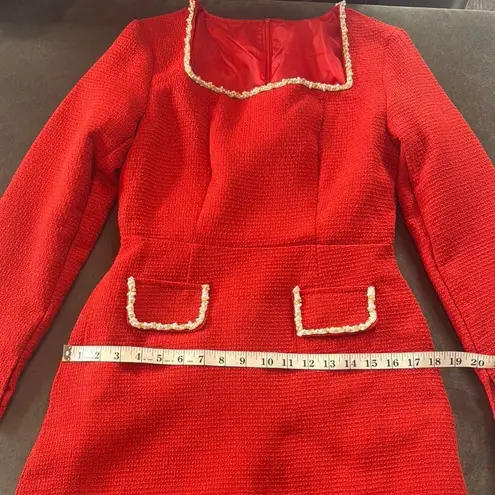 Women’s Short Red Dress Square Neck Faux Pearl