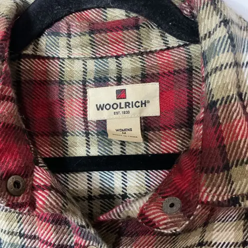 Woolrich Womens Plaid Flannel Shirt Red Tan Green Long Sleeve Casual Size Medium