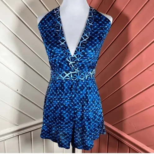 Lucky Brand LK7TF37 Blue Halter Romper Boho Geometric Print Tassel Tie Medium