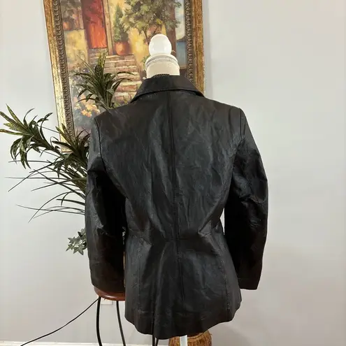 MetroStyle Black 100% Leather Blazer Jacket Women's Size 6 Long Sleeve 2 Buttons - Image 5