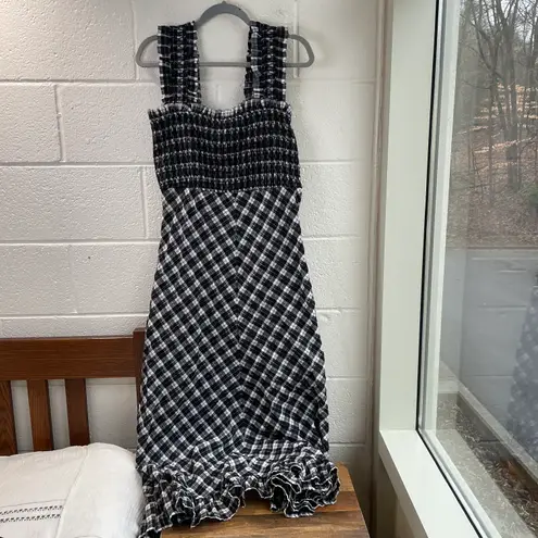 Ganni Smocked Maxi Midi Dress Black White Plaid Picnic Checked Fit and Flare 42