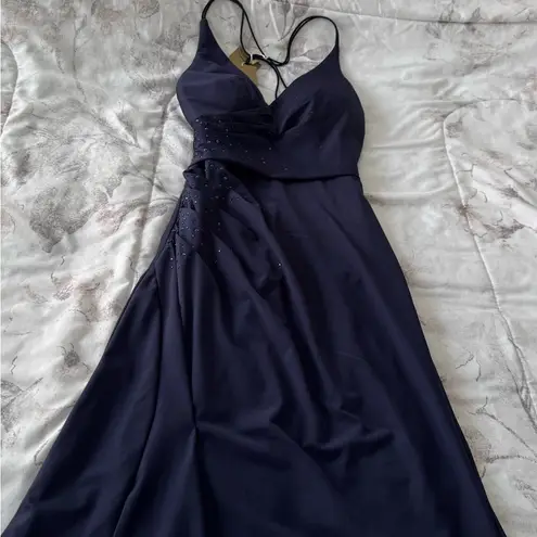 Aspeed NWT Design Navy blue backless beaded front slit maxi dress, size XS party