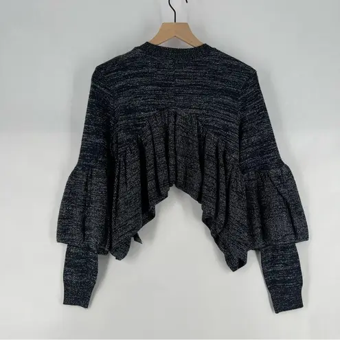 Lost Ink Metallic Ruffled Shark Bite Crop Bell Sleeve Pleated Babydoll Sweater Blue Size XS