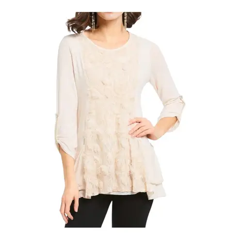 Ali Miles Womens Boho Tunic Top Size Large Beige 3/4 Sleeve Lace Knit Pockets Tan