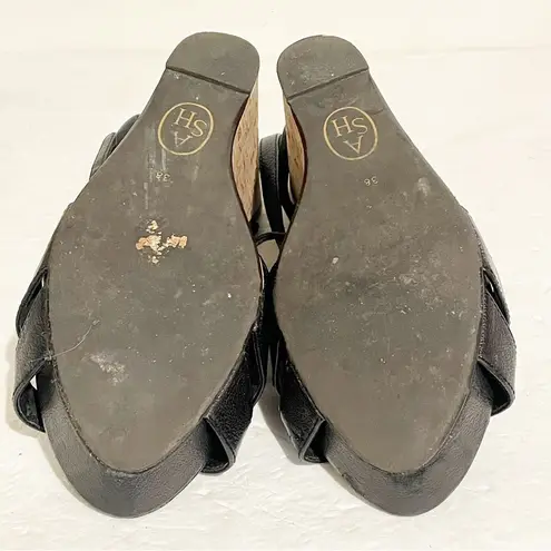 Ash  Womens Size 38/7 Black Leather Strappy Wooden Wedge Sandal Heel
