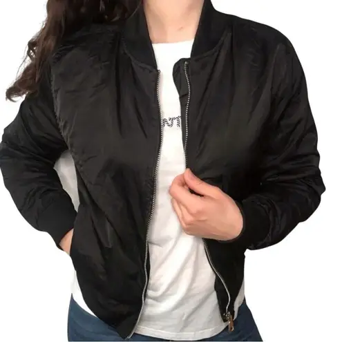 Black Bomber Jacket with Graphic Design Size 14