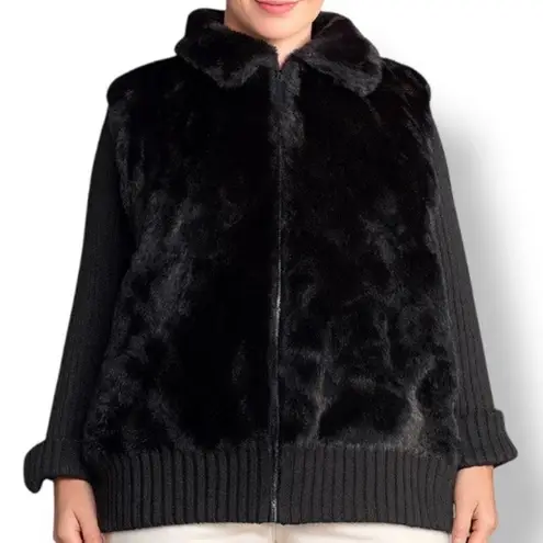 Vintage 90s Tiara Black Faux Fur Wool Knit Zip Jacket Collared Sweater Coat Size XL