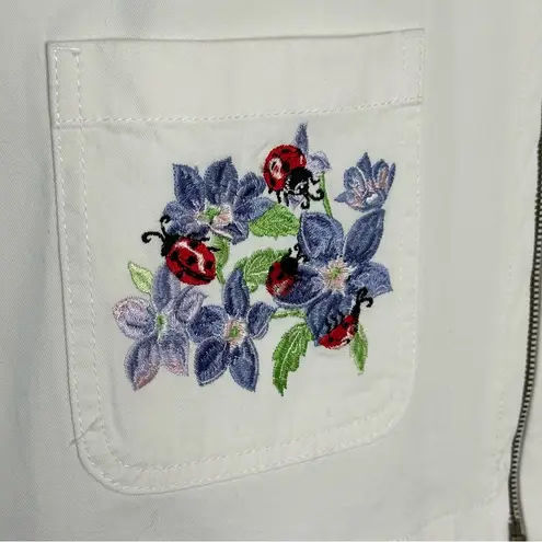 Blair Vintage Chore Coat White Sz L Embroidered Lady Bugs Floral Grandma Cottage