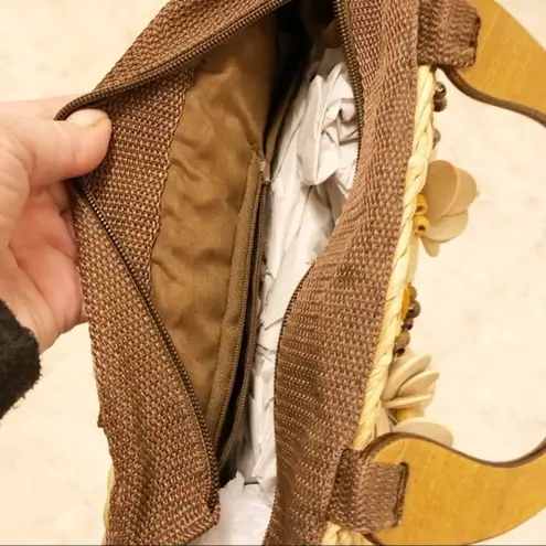 🔵 SALE 3/$25 SUN N SAND WICKER FLORAL TAN SATCHEL PURSE WOOD