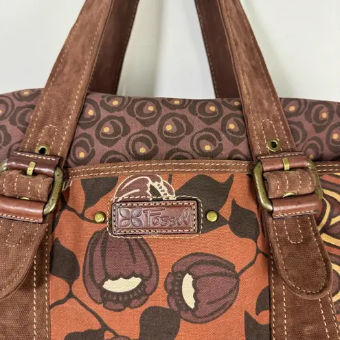 Fossil Vintage  Travel Weekender Bag Printed Canvas & Leather Brown