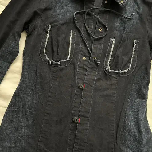 Marithe Francois Girbaud dark denim lace up front top tie sleeve Size medium Blue