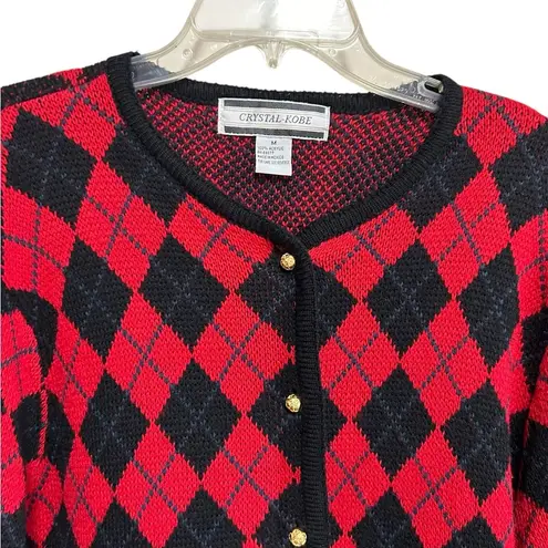 Crystal Kobe Vintage Cardigan Sweater Size Medium Red Argyle Classic Preppy