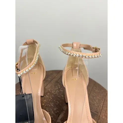 Maje Patent Leather Block Heel Sandals Rhinestone Ankle Strap Rose Blush 40