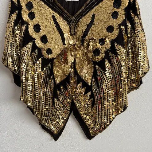 Vintage 70s Gold Black Silk Sequin Beaded Butterfly Boho Disco V Neck Drape Top