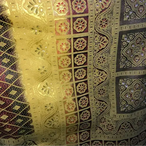 Vintage 70s Boho Kaftan Batik Golden Baroque Art Print Maxi Dress OS Brown Size undefined